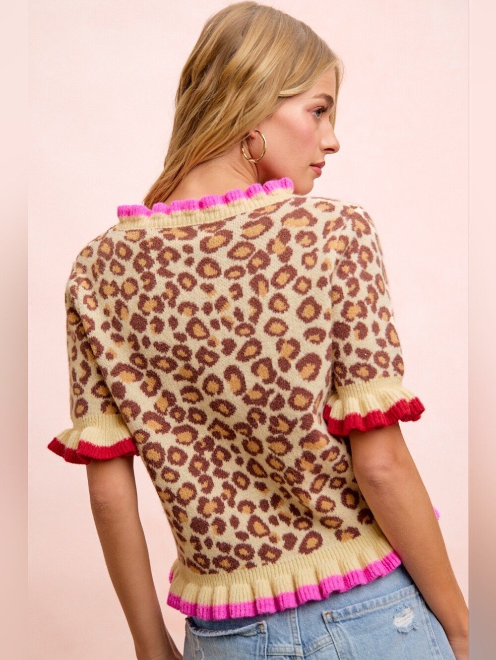 BiBi Leopard Patterned Ruffled Detail Button Cardigan- Fast Shipping!! - Picture 4 of 12
